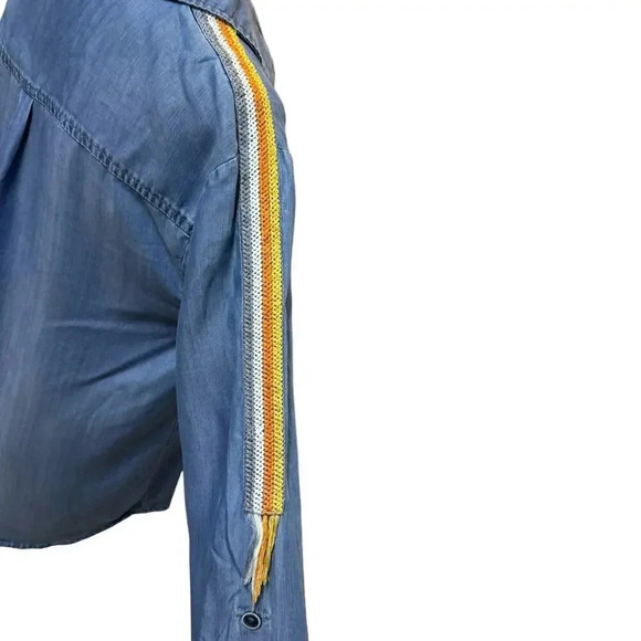 Dear John Alyssa Chambray Button Up Shirt Embroidered Fringe Sleeves Size Small - Picture 4 of 9